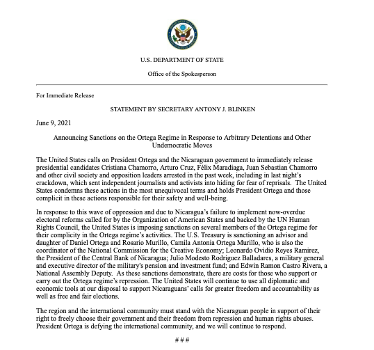 Nicaragua President Ortega is defying the international community and we will continue to respond, says @SecBlinken in statement