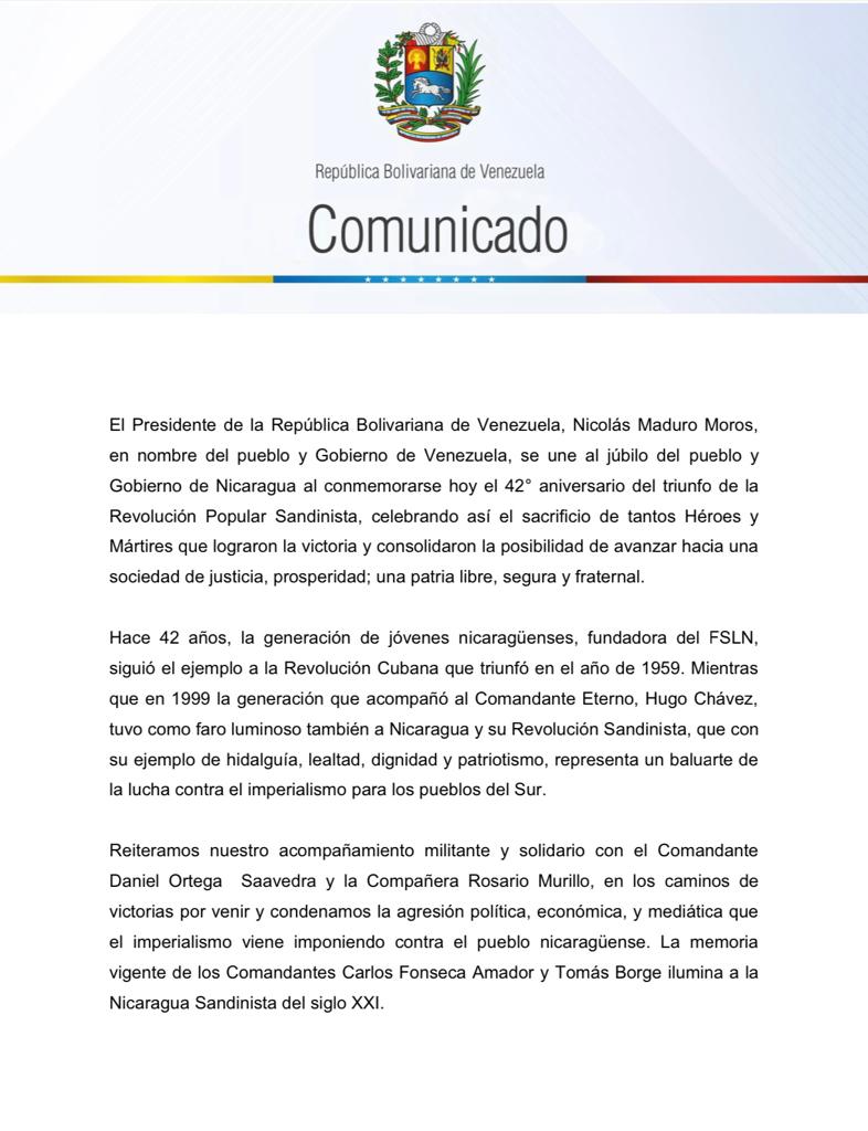 Venezuela El canciller Jorge Arreaza felicitó es a Nicaragua al cumplirse 42 años del Triunfo de la Revolución Popular Sandinista