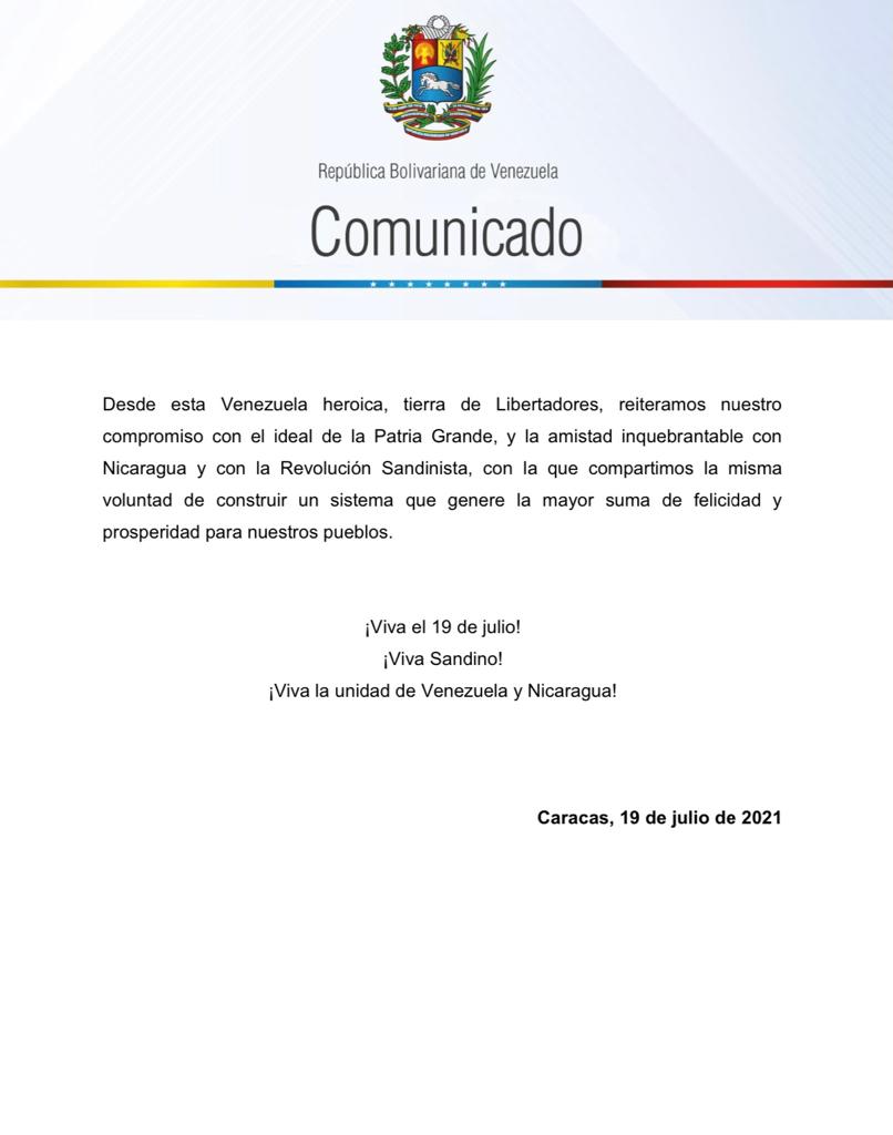 Venezuela Foreign Minister Jorge Arreaza congratulated Nicaragua on the 42nd anniversary of the Triumph of the Sandinista Popular Revolution