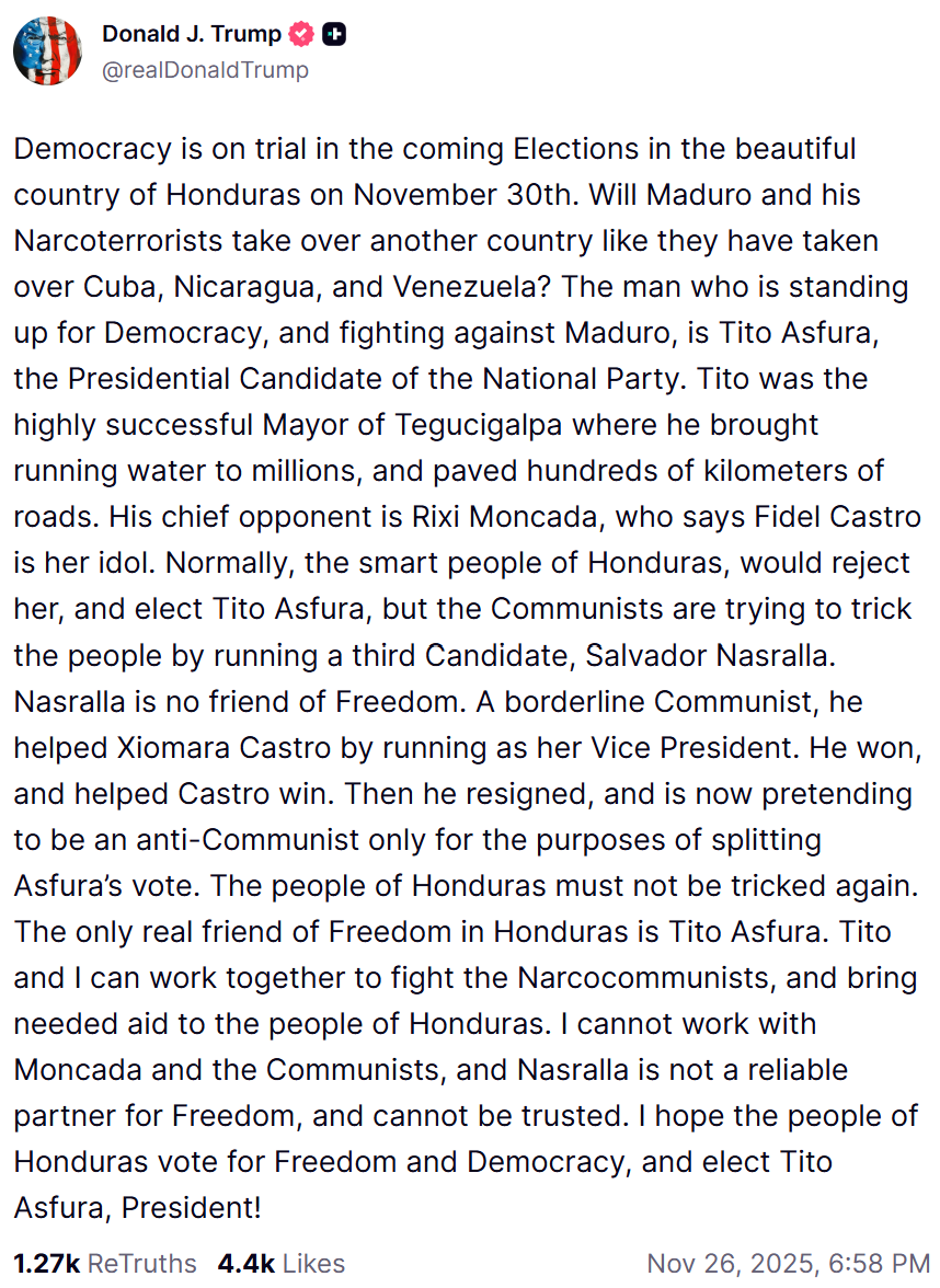 A strong message from Donald Trump four days before the presidential elections in Honduras: Democracy is on the line in the upcoming elections in the beautiful country of Honduras on November 30. Will Maduro and his narco-militants take control of another country as they did with Cuba, Nicaragua, and Venezuela. The one who defends democracy and fights against Maduro is Tito Asfura, presidential candidate of the National Party.